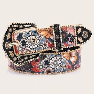 Belt Western Red & Blue Floral Print Golden & Black Enamel Buckle Boho Statement